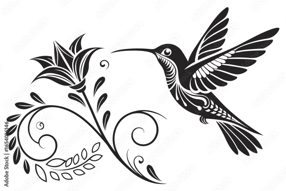 Obraz premium Hummingbird flying near a flower isolated on white background