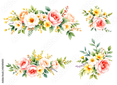 Watercolor floral arrangements of roses and various flowers over a black background