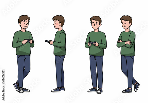 Sad and Frustrated Young Man Using a Device: Character Poses Illustrating Disappointment, Gaming Addiction, or Digital Discontent.
