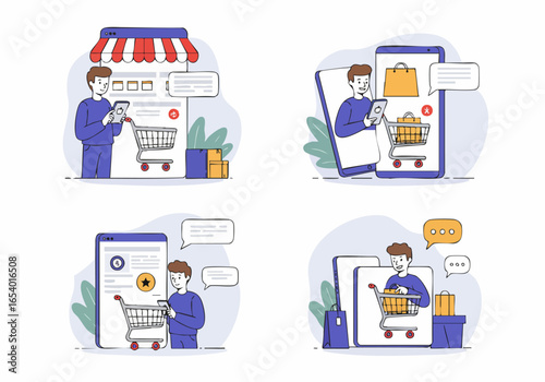 Online Shopping Process Illustration with Man and Mobile Devices
