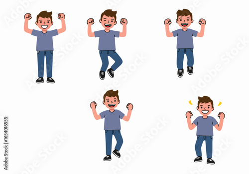 Cartoon Man Celebrating Success and Happiness with Energetic Poses and Expressions