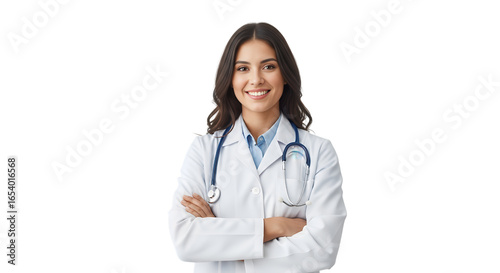 Young female doctor smiling with stethoscope isolated on transparent background