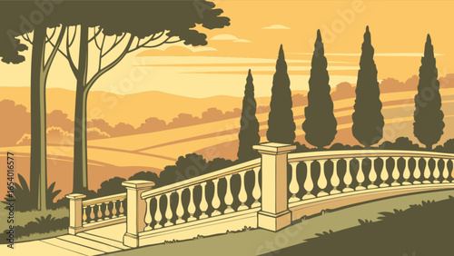 Scenic italian landscape illustration with cypress trees and balustrade for travel and tourism design