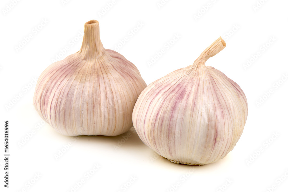Obraz premium Two Garlic Bulbs, Allium sativum, isolated on white background