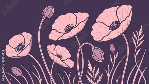 Floral art print poppy flower drawing botanical illustration pink and purple garden design vector graphic