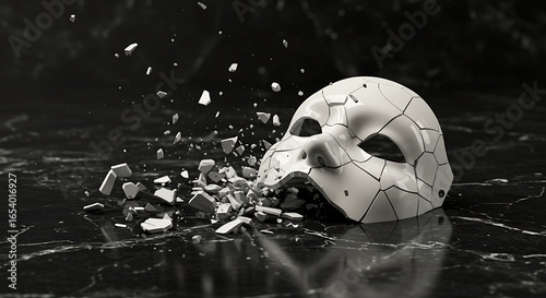 A shattered white mask lies in pieces on a dark surface, symbolizing the destruction of identity or a lost dream.