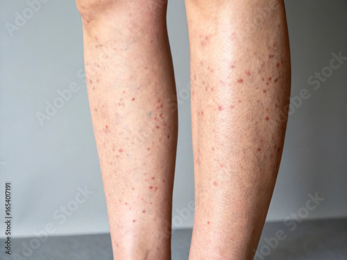 Close-up of two legs with scattered red spots and visible veins