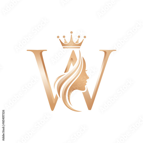 Initial W Beauty Queen Vector Logo - Elegant Woman Profile Silhouette Icon with Crown on Top.