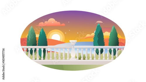 Balcony view sunset landscape vector illustration scenic design outdoor nature background travel vacation scene