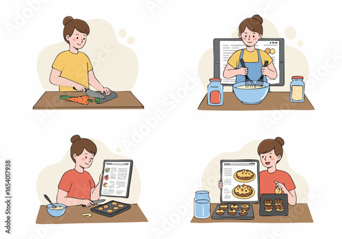 Woman enjoys cooking and baking at home, following online recipes for fresh ingredients and delicious pastries, illustrating modern culinary processes.