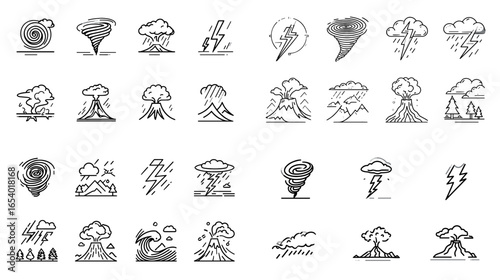 Set of natural disaster line icons including tornadoes, volcano eruptions, storms, and lightning. Ideal for emergency, safety, meteorology, and educational weather graphics projects.