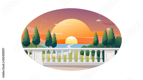 Sunset ocean view from balcony vector illustration landscape summer vacation background travel destination design