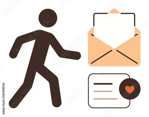 Person walking alongside an open envelope and message card with heart, symbolizing communication, connection, and action. Ideal for delivery, digital messaging, love, teamwork, movement engagement