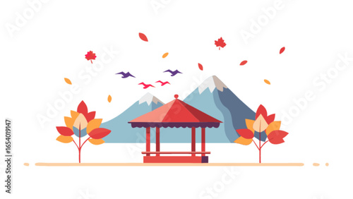 Autumn landscape with gazebo mountains and birds scenic fall season nature illustration vector graphic design