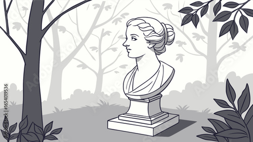 Classical bust statue in garden drawing vector illustration art design background for graphic and web