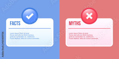 Facts or Myths banner. blue check mark and cross mark symbols icon element in square in modern style design. Checkmark symbol accepted and rejected. Vector illustration.
