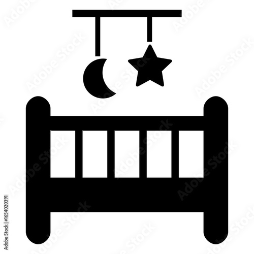 Icono silueta de cuna con juguete movil con luna y estrella 