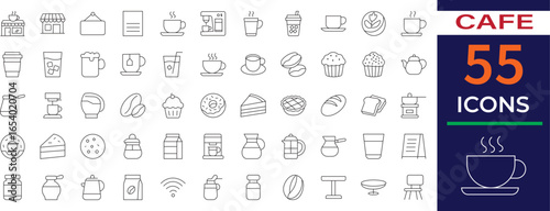 Modern cafe line icon set featuring coffee, tea, desserts, bakery items, and cafe essentials in a clean vector style. Perfect for menus, branding, food apps, coffee shops, and restaurant design