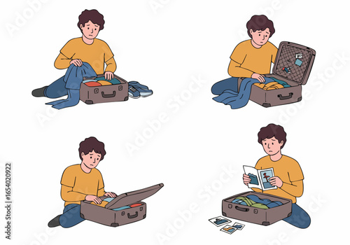 Emotional packing or unpacking: A pensive man handles his belongings and cherishes travel memories in a four-panel illustration.
