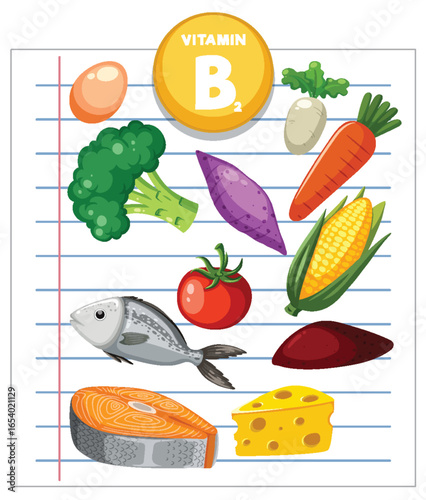 Vitamin B2 Rich Foods Illustrated on Lined Paper