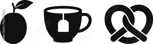 Silhouette Food Icon Set with Fruit, Tea Cup, and Pretzel in Minimal Style