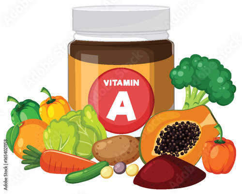 Vitamin A Supplement Jar with Fresh Vegetables and Fruits