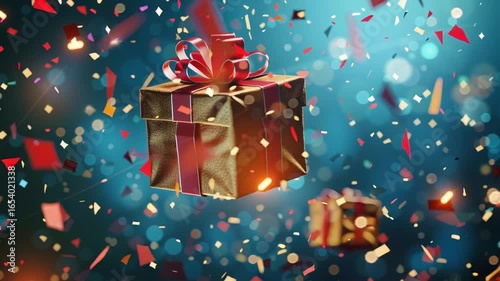 Festive Gift Boxes with Ribbons Float Amid Colorful Confetti Creating Joyful Celebration Scene on Vibrant Blue Background