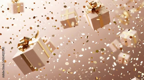Gift Boxes with Golden Ribbons Floating Amidst Sparkling Confetti Creating Festive and Joyful Celebration Atmosphere