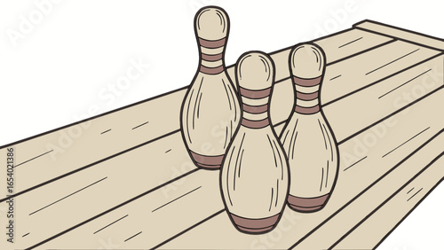 Illustration of bowling pins on a wooden lane for bowling sports and recreational activities game equipment