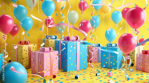 Colorful Balloons and Polka Dot Gift Boxes Create Festive Celebration Scene with Vibrant Ribbons on Bright Yellow Background