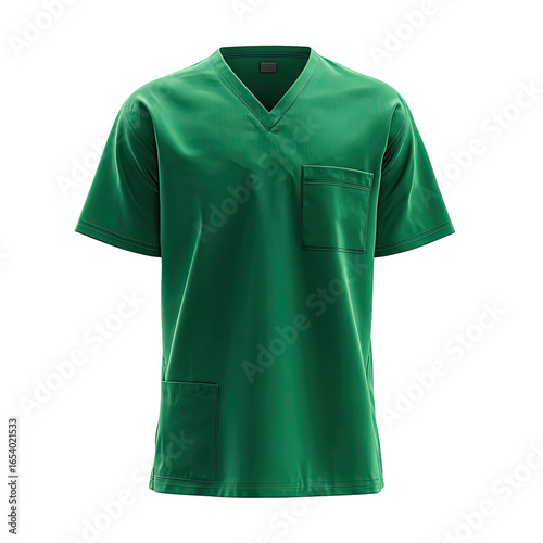 Emerald green v-neck scrub top, short sleeves.  Features a single chest pocket