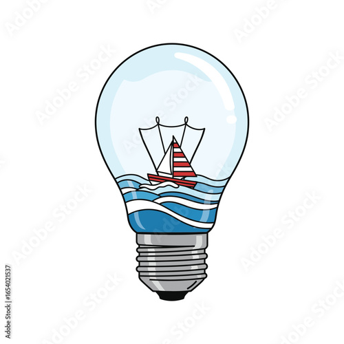 Red and white sailboat in lightbulb ocean scene nautical idea creative design vector illustration