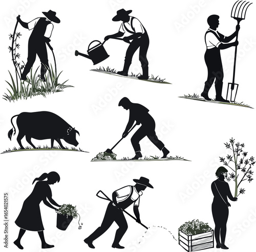 Vector art of silhouettes of farmers and gardeners engaged in various agricultural activities