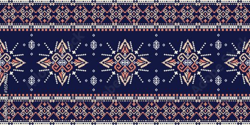 Orange, cream, and blue geometric Ukrainian embroidery folk pattern. Ethnic ornament. Vector illustration. Pixel pattern for elaborate borders on rugs, tiles, and textiles. Mexican embroidery.