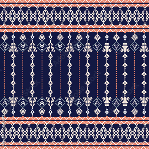 Orange and blue Ukrainian embroidery folk seamless pattern. Ethnic ornament. Vector illustration. Pixel pattern for elaborate borders on rugs, tiles, and textiles.