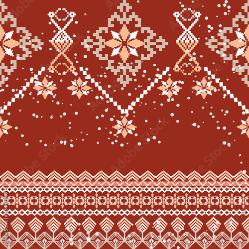 Red geometric style with snowflakes. Tribal ethnic vector texture. Pixel embroidery-style seamless pattern inspired by cross-stitch folk art from traditional Asian textile designs. 