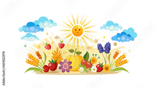 Illustration of summer harvest with sun, clouds, fruits, flowers, and wheat field landscape art