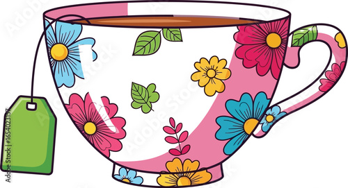 Pink floral teacup with tea and a green tea bag, cartoon illustration