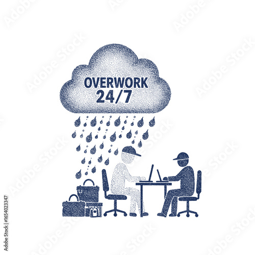 Vector illustration on the theme of burnout in pointillist style with overwork concept
