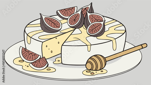 Delicious brie cheese cake with figs and honey dessert recipe food photography and honey dipper art