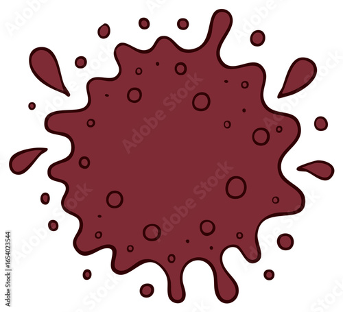 Cartoon illustration of a maroon splash with circles and droplets, vector art design.