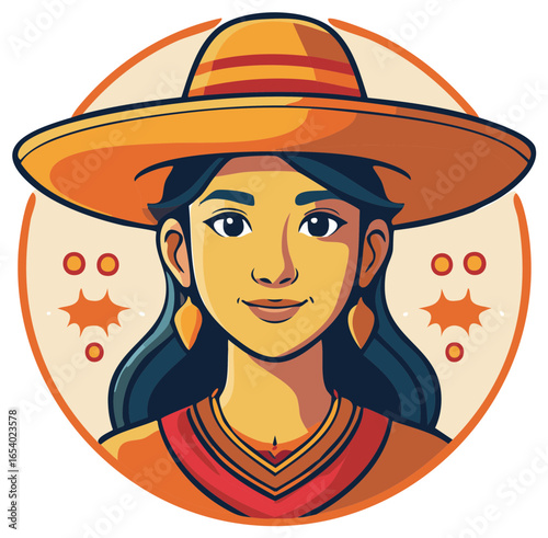Smiling Woman Wearing Traditional Hat and Necklace in a Circular Design