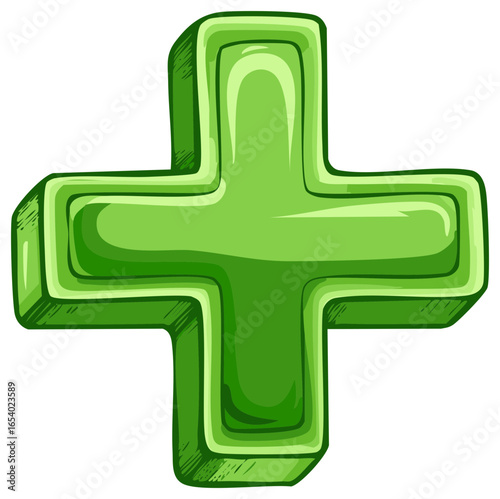 Green three dimensional plus sign icon with shiny cartoon style