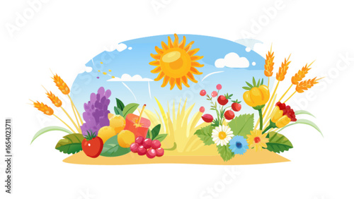 Illustration of summer harvest with sun wheat flowers and fruits in a rural landscape scene design