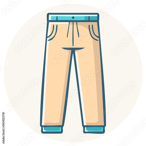 Vector icon of casual beige pants with drawstring and blue accents