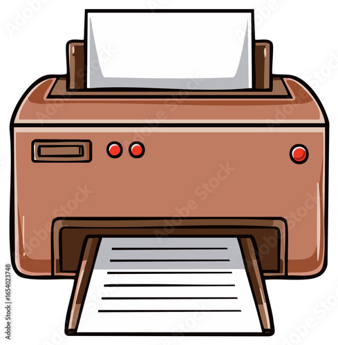 Cartoon Style Printer Printing Document with Paper Output