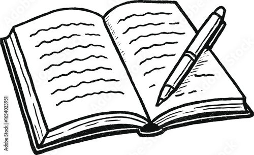 Hand-Drawn Open Book with Pen Illustration — Sketch Style Education and Writing Concept