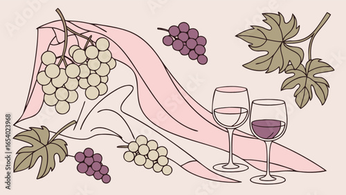 Elegant wine tasting illustration with grapes and glasses for wine lovers and connoisseurs design asset vector