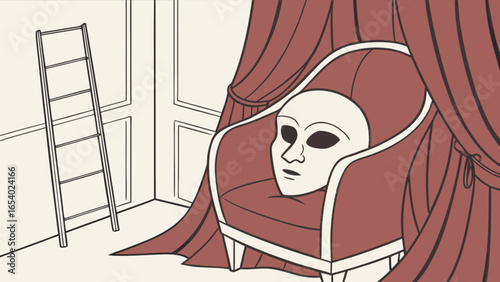 Vintage interior design with mask on chair and ladder against wall illustration art drawing style 100