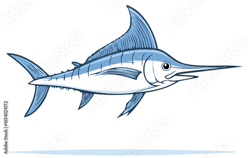 Vibrant Blue Marlin or Swordfish Cartoon Graphic Art of Ocean Dwelling Game Fish
